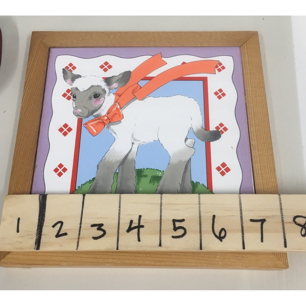 Vtg Vandor Ceramic Tile Wood Trivet Wall Plaque Hotplate Lamb Sheep 1982 Farm - Picture 3 of 7